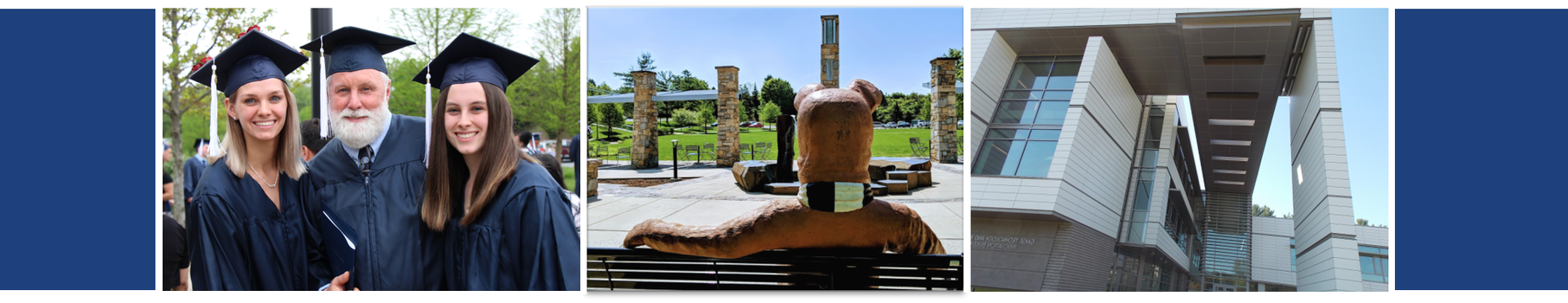 Collage of photos of the Gaige building, the Lion Bench, and graduates at commencement