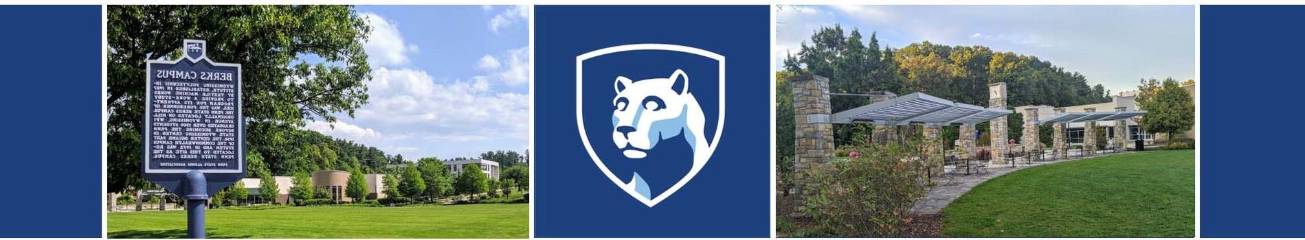 Collage of photos of the campus with the Penn State Shield