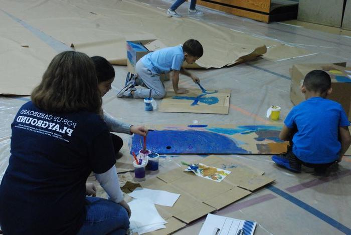 Children painting on cardboard