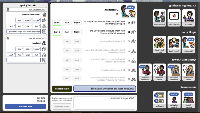 An image displays the CCEDIR application interface for a trained observer focusing on student interaction. In this case, the user identifies discussion as the activity taking place. The interface includes spaces for follow-up questions and general comments.