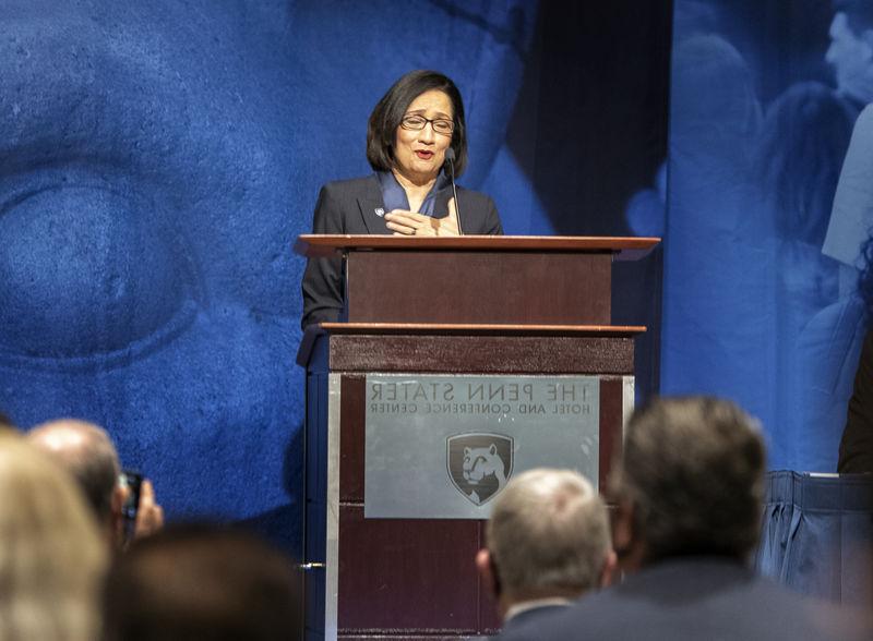 Bendapudi at podium thanking trustees