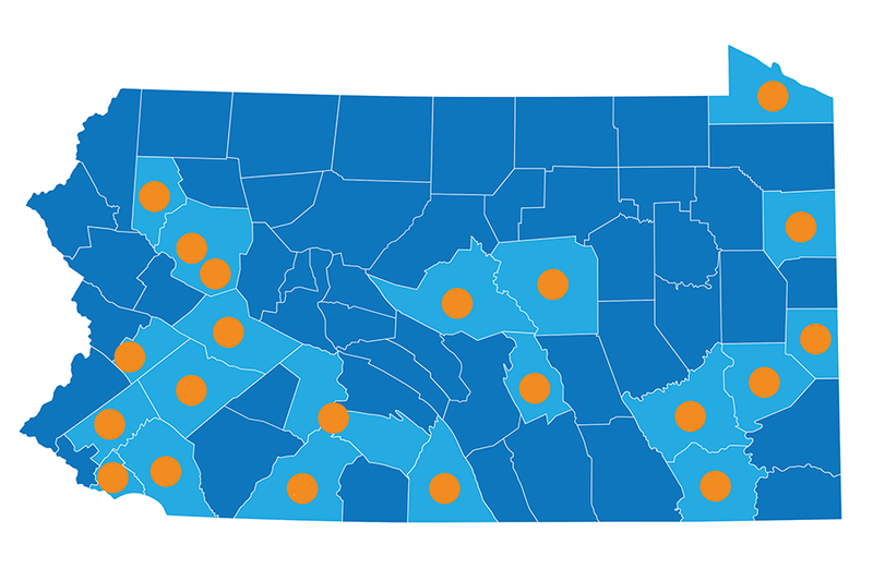 A map of the innovation hub locations across Pennsylvania