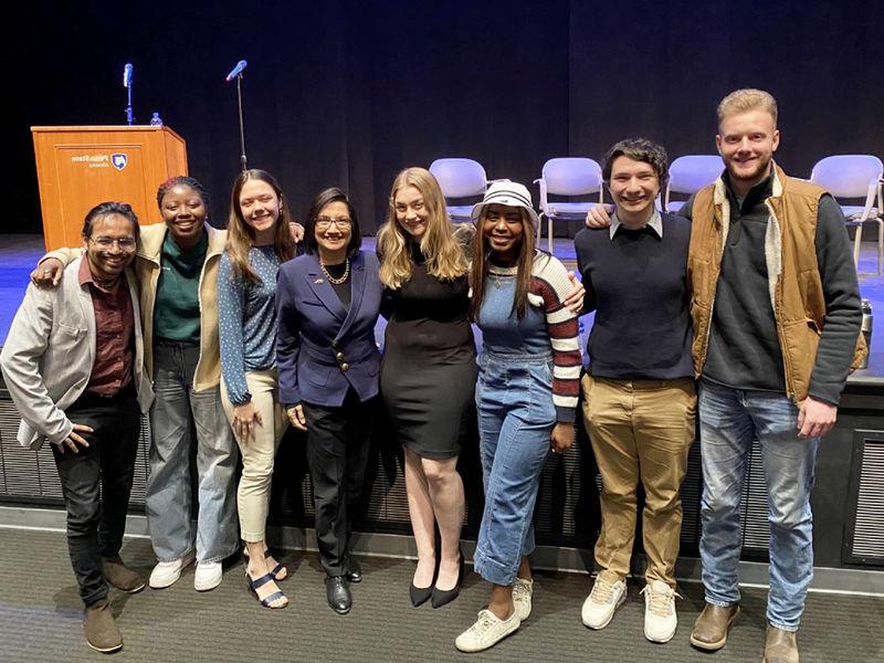 Penn State Altoona students pose with Penn State President-elect Neeli Bendapudi during a campus visit