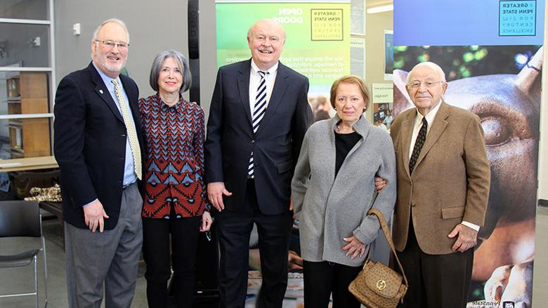 From left to right: Irv and Lois Cohen, Chancellor Hillkirk, Dena Hammel and Victor Hammel. The Cohens and Hammels have made a combined gift of $3 million to Penn State Berks, which will help create the Cohen-Hammel Fellowship Program.