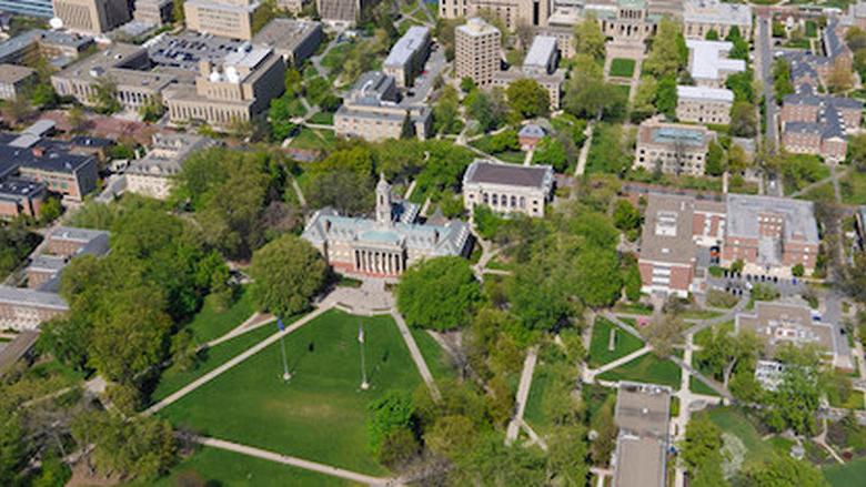 Aerial photo of Old Main and campus