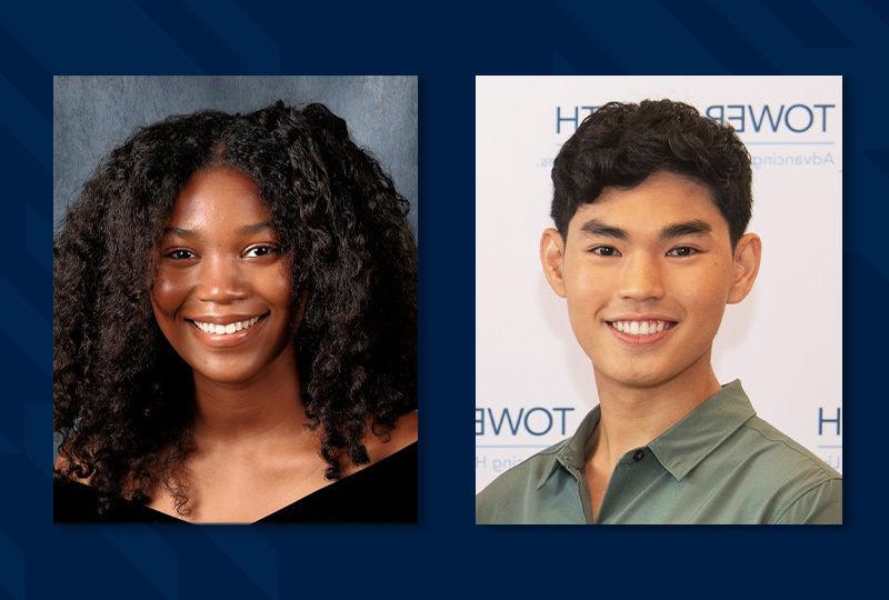 Two portraits on a blue background