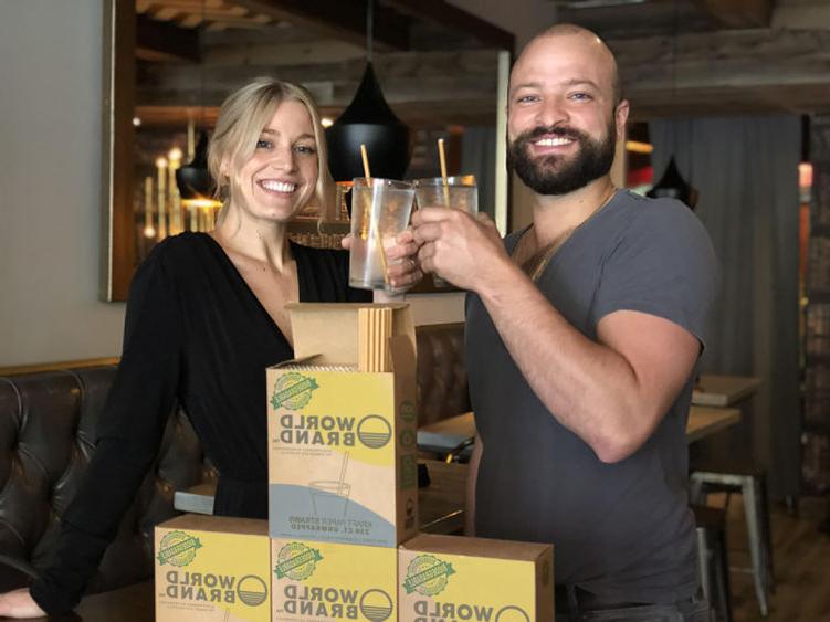 World Brand founders Petros Pappalas and Shanna Henry showcase their paper straw product